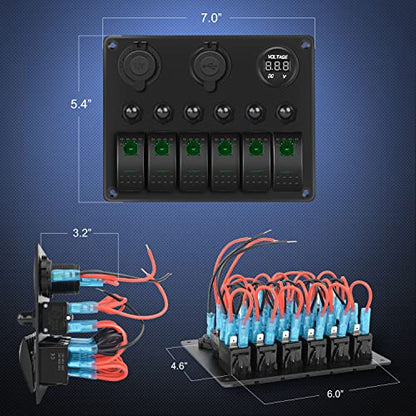 Nilight 6 Gang Rocker Switch Panel On Off Toggle Resettable Circuit Breaker - color: Green, size: 6+3 Gang Dual USB