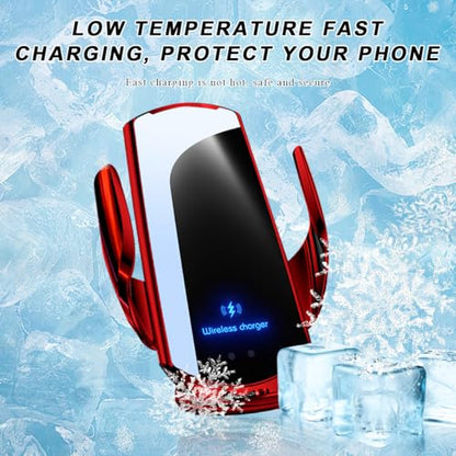 Wireless Car Charger, 15W Fast Charging Air Vent Mount Auto-Clamping Phone Holder, Automotive Electric Induction Charger 360° Rotating Magnetic Vent Mount Bracket for Smartphones (Red) - color: Red
