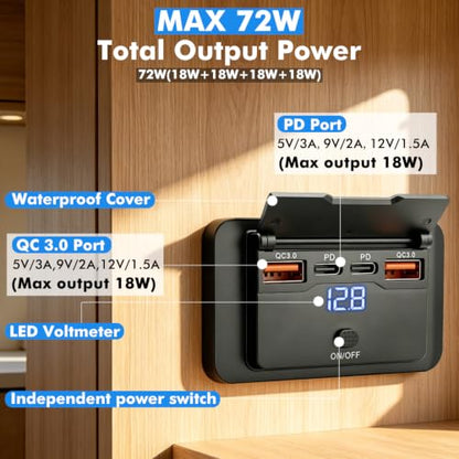72W 12V USB Outlet Panel Wall Mount Dual PD3.0 & Dual 18W QC3.0 Fast Charging,4 Port Charger Socket Surface Mount with LED Voltmeter and Button Switch for RV Boat Bus Marine Motorcycle Golf Cart Truck - color: 1Pack