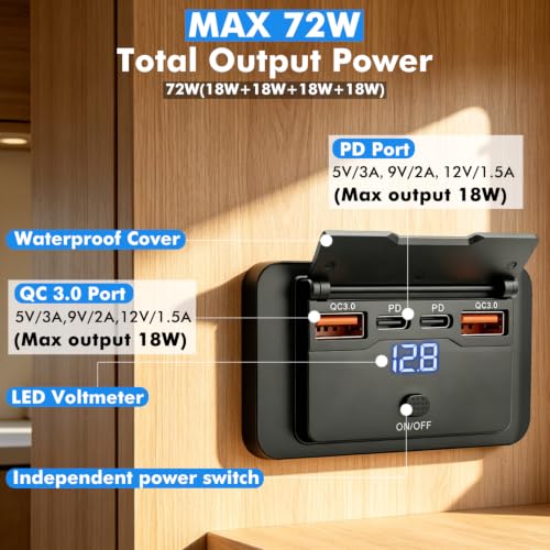 2 Pack 72W 12V USB Outlet Panel Wall Mount Dual PD3.0 & Dual 18W QC3.0 Fast Charging,4 Port Charger Socket Surface Mount with LED Voltmeter and Button Switch for Boat Bus Marine Motorcycle Cart Truck - color: 2Pack