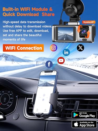 3 Channel Dash Cam Front and Rear Inside, 2.5K Front Cabin Recorder with Super Night Vision, WiFi App Control, Loop Recording, G-Sensor, 24H Parking Mode Dash Camera for Commuters & Family SUV
