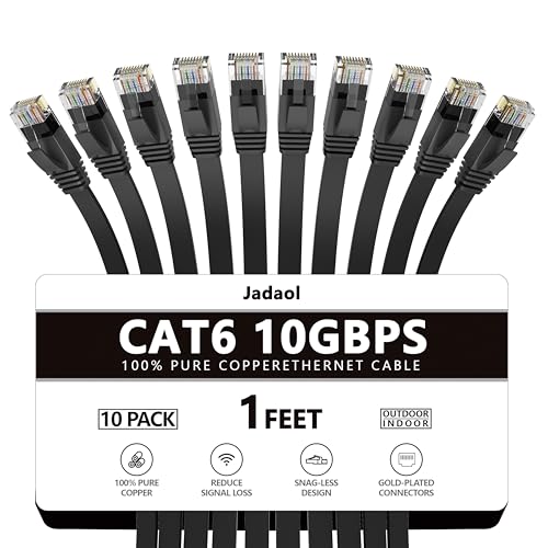 Jadaol Cat6/Cat6A Ethernet Cable 1FT 10Pack Flat 10Gbps Network Cable Black - color: Black, size: 1ft, style: Flat
