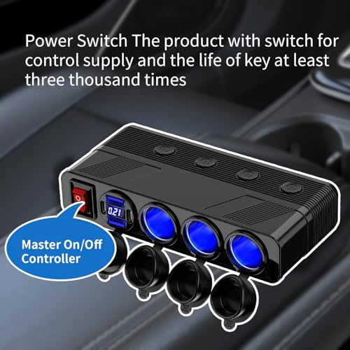3-Socket Cigarette Lighter Splitter,108W Multi Port Outlet Car Charger PD30W and 4 USB-A QC3.0 18W with LED Display 12V/24V Vehicle Super Fast Adapter for GPS, Dash Cam, iPhone, Car
