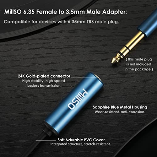 MillSO 1/4 to 3.5mm Headphone Adapter, TRS 6.35mm Female to 3.5mm Male 1/8 to 1/4 Stereo Audio Adapter for Amplifiers, Guitar, Piano, Home Theater Devices to Phone, Laptop, Headphones - 12inch/30cm - color: Blue, size: 1 FT