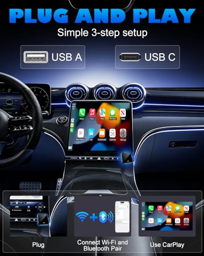 Wireless CarPlay Adapter for iPhone, Mini Size Plug & Play, Stable Fast Connection, Compact USB-A/USB-C for iPhone iOS 10+ with Manual