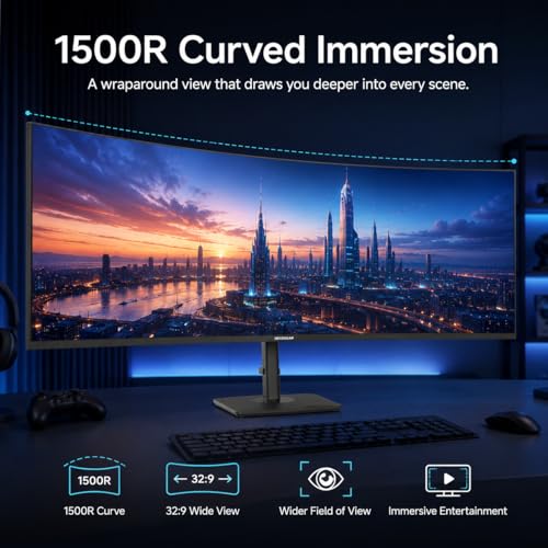 Deco Gear 49 Inch Curved Monitor, 3840x1080 Ultrawide Gaming WDFHD Screen, 144Hz, 32:9, 3ms, 3000:1 VA Display, HDR400, Adaptive Sync, USB-C 65W, HDMI, PIP/PBP, KVM, 1800R, Office & Workstation Setup - size: 49 inch