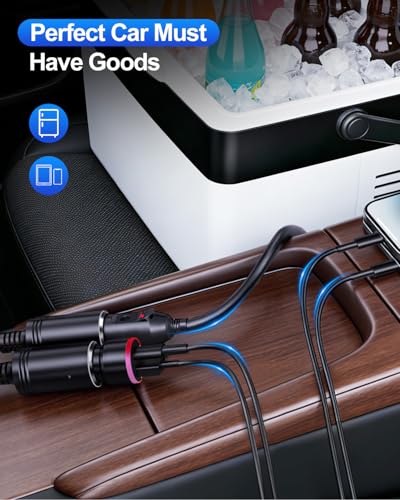 Cigarette Lighter Splitter, 12V Car Cigarette Lighter Splitter, 1 to 2 Double Cigarette Lighter Adapter 2 Way Socket with Dual Independent ON/OFF Switches, 16AWG Dual 12V Car Adapter with 10A Fuse