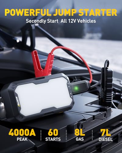 AUXITO Portable Jump Starter - 4000A Car Battery Jump Starter(8L Gas/7L Diesel) 2000LM Camping Light, 12V Jump Box with 4 Modes Working Light and 2 Hook, Portable Charger and Jump Cables - size: 4000A