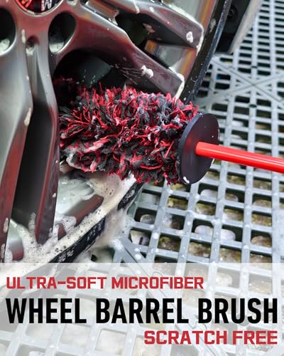 oesee 8PCS Wheel Cleaning Kit with Microfiber Brush & Rubber Grip Tire Brush, Twist Loop Drying Towel, Detailing Brush, Applicator for Car Rim and Tire Care - color: Red & Black