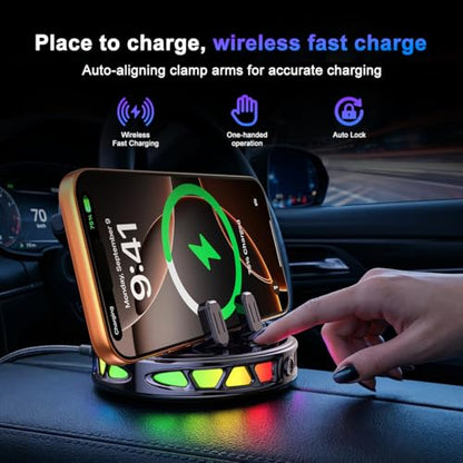 Wireless Car Charger Dashboard Phone Holder,15W Fast Charging One-Hand Operation Rotatable Bracket with RGB Light,Anti-Slip Navigation Mount with Strong Suction Cup, for Most Smart Phone
