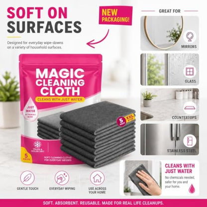 Genie Cloth Magic Cloth, Thick Microfiber, Streak‑Free for Windows & Glass, 5-pack for mirrors, Glass, Window, Kitchen, Stainless Steel, Cars & Screens Lint Free Microfiber Cleaning Cloths