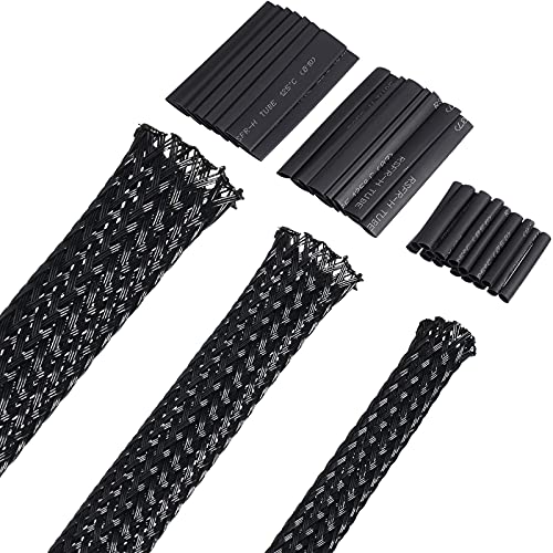Boao 50ft PET Expandable Braided Cable Sleeve, Wire Loom Braid Sleeving with 127 Pieces Shrink Tube for Audio Video and Other Home Device Cable Automotive Wire(1 Inch, 3/8 Inch, 1/4 Inch,Black) - color: Black, size: 1 Inch, 3/8 Inch, 1/4 Inch