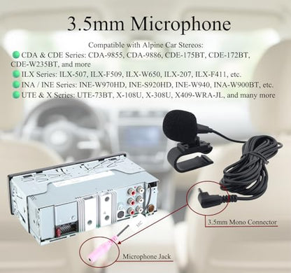 3.5mm Microphone Compatible Replacement for Alpine CDA CDE ILX INE INA UTE X-Series Car Stereo Receiver - Clip-On Dash Mic for Bluetooth Voice Control and Clear Call Audio with 9FT Cable