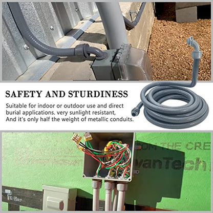 Liquid-Tight Conduit - 3/4inch 25 Foot Flexible Non Metallic Liquid Tight Electrical Conduit Kit, With 4 Straight and 3 90-Degree Conduit Connector Fittings.3/4" Dia - size: 3/4inch 25Ft