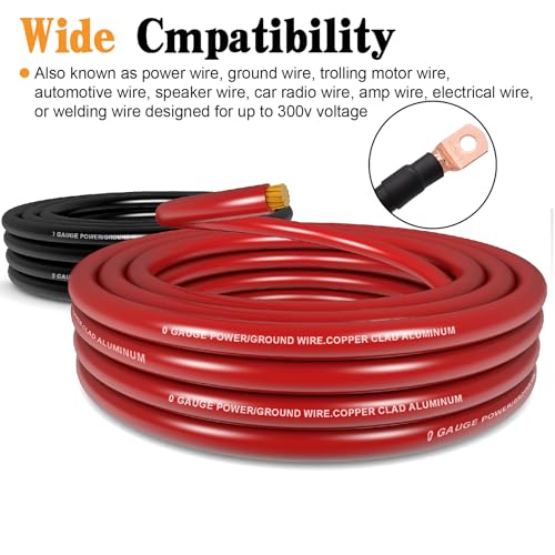 1/0 Gauge Wire CCA Power/Ground Cable 40FT Black/Red with lugs,250A ANL Fuse,1/2 inch Cable Split Sleeving,Self Adhesive Mounts Zip Ties kit - color: W/ Wire Loom kit