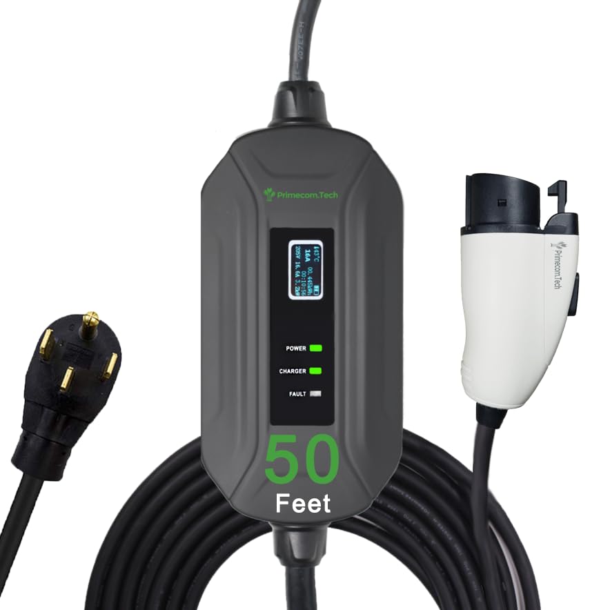 PRIMECOM Level 2 Electric Vehicle (EV) Charger (220V / 240Volt, 16Amp) Portable EVSE Smart Electric Car Charger, 30', 40', and 50 Feet Lengths (NEMA 14-50P, 50 Feet) - color: 14-50P, size: 50 Feet
