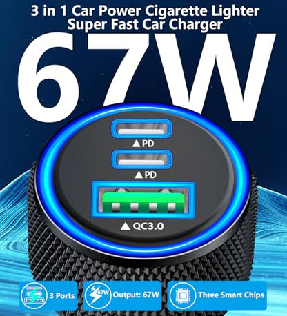 USB C Car Charger, Rombica 3Port 67W PD Dual USB-C&USB-A Car Phone Charger - color: Raven Black