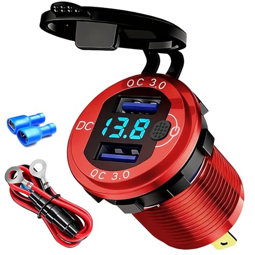12V Flush Mount Car Charger, Aluminum Metal Body with LED Voltmeter and Switch, Dual QC3.0 USB Port for Marine, RV, Motorcycle & Panel Mounting (red) - color: red