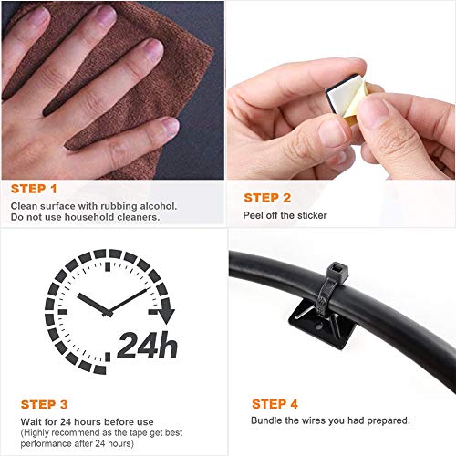 Strong Self Adhesive Wire Clips Cable Zip Tie Mounts 1" with 8 Inch Zipties Black UV Protection Outdoor 100 Pcs,Sticky Wire Fasteners Cable Guide Management Mounting Suqare Holder Anchor Base large - size: 1x1"