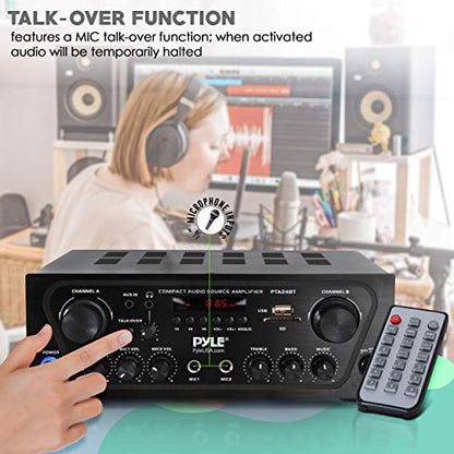 Pyle 2-Channel Bluetooth Home Stereo Amplifier - 250W Wireless Audio Receiver, Karaoke Optimized: Dual Mic In with Echo, Mic Talk-Over, FM Radio, USB-A MP3 Player, RCA, AUX, Remote Ctrl - PTA24BT