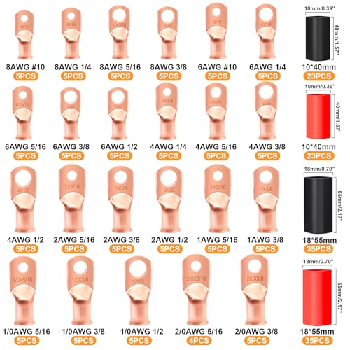 mankk 230PCS Copper Wire Lugs AWG 1 2 4 6 8 1/0 2/0 Gauge Battery Terminal Connectors Battery Cable Ends Connectors Copper Ring Terminal Kit with 3:1 Heat Shrink Tubing - color: 230PCS-Handheld Box