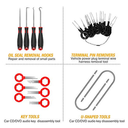 GOOACC 40Pcs Trim Removal Tool,Auto Terminal Removal Key Tool,Auto Clip Pliers Stereo Removal Tools,Car Upholstery Repair Removal Kit,Precision Hook and Pick Set,Wiring Threader,Car Film Scraper - color: Red