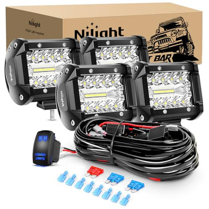 Nilight 4Pcs LED Pods 4Inch 60W Triple Row Flood Spot Combo 6000LM Light Bar with 12V On/Off 5 Pin Rocker Switch 16AWG Wiring Harness Kit-4 Leads (ZH041) - color: 4Pcs Led Pods+ Wiring