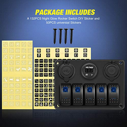 Nilight - 90118H 5 Gang Rocker Switch Panel Pre-Wired Aluminum Switch Panel with Dual USB Cigarette Lighter Socket Voltmeter12V-24V DC Switch Panel with Night Glow Stickers for Cars Rvs Trucks - color: Blue, size: 5+3 Gang Dual USB