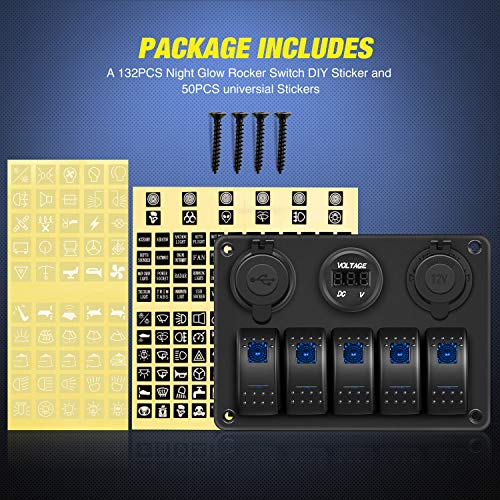 Nilight - 90118H 5 Gang Rocker Switch Panel Pre-Wired Aluminum Switch Panel with Dual USB Cigarette Lighter Socket Voltmeter12V-24V DC Switch Panel with Night Glow Stickers for Cars Rvs Trucks - color: Blue, size: 5+3 Gang Dual USB