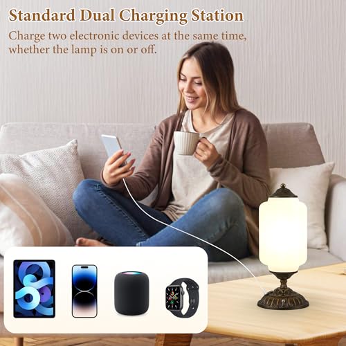 14" Milk Glass Touch Table Lamps Set of 2 with USB C+A Charging Ports - color: White-2Pack