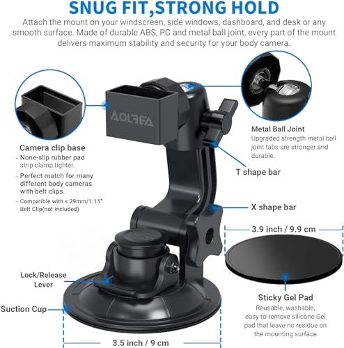 Body Camera Suction Cup Mount with Easy Remove Washable Reuable Magic Sticky Gel Pad for P100 and Widely Compatible with Other Body Camera Perfect for Car Windshield, Window, Glass, Dashboard