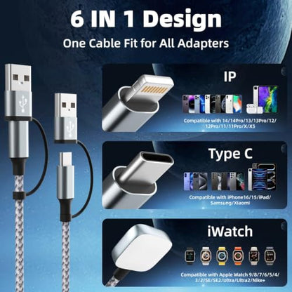 Travel Essentials 3 in 2 Multi Charging Cable for iWatch Charger/iPhone17-8 - color: Greywhite, size: 1Pack 5FT