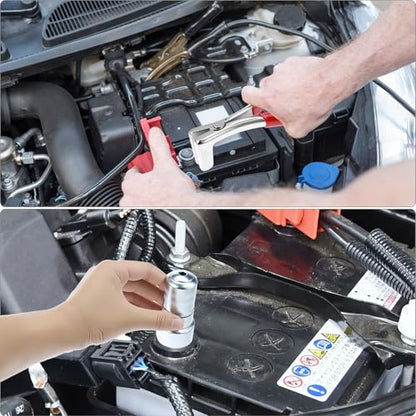 QWORK Battery Terminal Pliers & Cleaner Brush Kit (3-Piece) – Terminal Spreader Pliers with 2 Stainless Steel Battery Post Cleaning Brushes for 6V/12V Car Automotive Maintenance