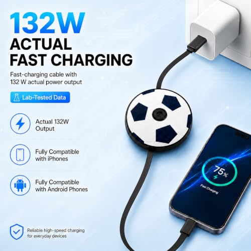 Retractable USB C to USB C Cable, 132W Fast Charging Cable with Soccer Ball Design, 3-in-1 Adult Spinner & Phone Stand, 3.3FT Type C Cable for iPhone 15 16 17, Samsung Galaxy, Pixel, CarPlay