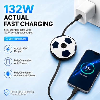 Retractable USB C to USB C Cable, 132W Fast Charging Cable with Soccer Ball Design, 3-in-1 Adult Spinner & Phone Stand, 3.3FT Type C Cable for iPhone 15 16 17, Samsung Galaxy, Pixel, CarPlay