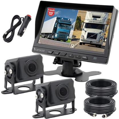 HD Wired RV Backup Camera System Kit,7 inch IPS Dual Split Screen Monitor DVR Recording IP69 Waterproof 1080P Front View Rear View Reverse Cameras Parking Lines for Truck/Semi-Trailer/Box Truck