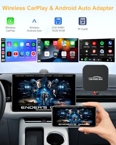AI Box Magic Video Box, 4-in-1 Wireless CarPlay & Android Auto Adapter with Netflix YouTube TF Card Slot Convert Wired to Wireless, Dual WiFi, USB-A/USB-C Plug & Play Dongle for OEM Wired CarPlay Cars