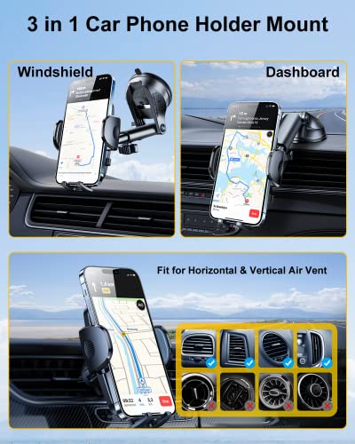 Rorhxia 3-in-1 Phone Mount for Car [2025 Most Stable and Flexible Suction Cup] Vent Dashboard Windshield Cell Phone Holder Car Fit for iPhone, Samsung, All Phone - color: Black