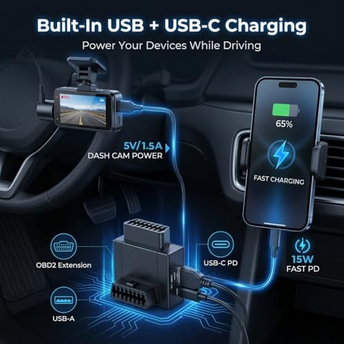iKKEGOL OBD2 Splitter Adapter, OBD II 16 Pin 1 Male to 2 Female Extension Cable with USB & USB-C Charging Ports, OBD2 Y Splitter 2 Way Dual Converter for Diagnostic Scanner Dash Cam (Bottom Widest) - color: Bottom Widest