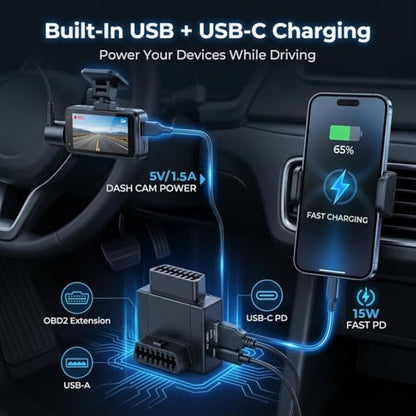 iKKEGOL OBD2 Splitter Adapter, OBD II 16 Pin 1 Male to 2 Female Extension Cable with USB & USB-C Charging Ports, OBD2 Y Splitter 2 Way Dual Converter for Diagnostic Scanner Dash Cam (Top Widest) - color: Top Widest