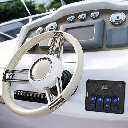 Nilight - 90117G 4 Gang Rocker Switch Panel Waterproof Pre-Wired Aluminum Switch Panel with Dual USB Cigarette Lighter Socket Voltmeter12V-24V DC ON Off Switch Panel for Cars Rvs Trucks, Blue - color: Blue, size: 4+3 Gang Dual USB