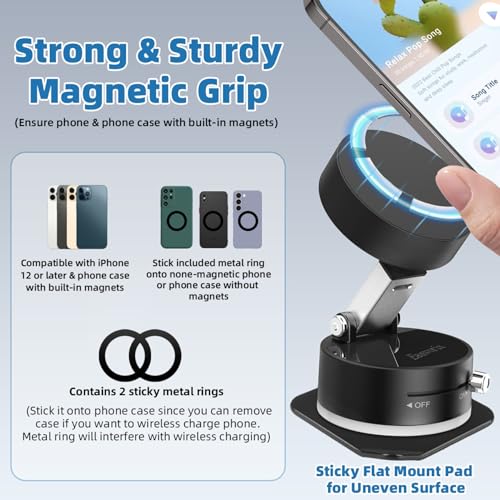 Vacuum Magnetic Phone Holder with Metal Ring Compatible with iPhone 17 All Phone, Portable Universal Collapsible Magnetic Phone Stand for Gym, Car Mount with Windshield Suction Cup - color: Black