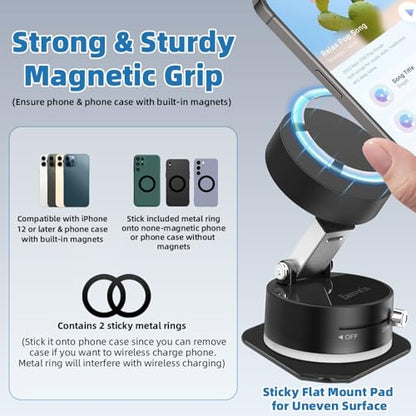Vacuum Magnetic Phone Holder with Metal Ring Compatible with iPhone 17 All Phone, Portable Universal Collapsible Magnetic Phone Stand for Gym, Car Mount with Windshield Suction Cup - color: Black