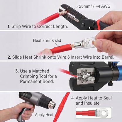 10PCS 4 Gauge Wire Connectors with Heat Shrink Tubing, Battery Terminal Ends, Tinned Copper Ring Terminals for 4 AWG - for Automotive, RV, Solar & Outdoor Power Equipment(SC25-6) - size: SC25-6
