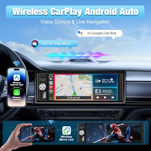 Single Din Radio Car Stereo with CarPlay & Android Auto, 6.28 Inch HD Touch CarPlay Screen, Backup Cam,Bluetooth, MP5,USB Type-C, SWC, EQ, FM Radio with External Mic