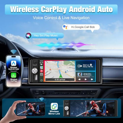 Single Din Radio Car Stereo with CarPlay & Android Auto, 6.28 Inch HD Touch CarPlay Screen, Backup Cam,Bluetooth, MP5,USB Type-C, SWC, EQ, FM Radio with External Mic