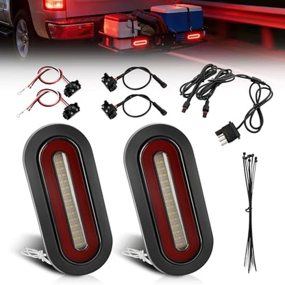 Hitch Cargo Carrier Light Kit, Oval LED Trailer Lights 2PCS 6Inch Red Turn Signal Tail Light with Grommets Wire Harness & 3-Prong Wire Pigtails, Waterproof for Luggage Bike Rack Trailer