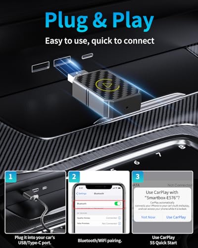 Mini Wireless CarPlay Adapter for Apple, Plug & Play Low Latency Converts Wired to Wireless CarPlay Dongle for iPhone iOS 10+, Connection Fast & Stable
