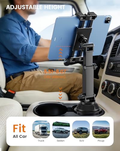 OHLPRO Car Cup Holder Tablet Mount for Truck & SUV, Heavy Duty iPad Holder for Car with Thick Case Friendly Deep Claws, 2.6-3.9" Expandable Base & Adjustable Extension Arm, Fits 5-17" Devices, Black