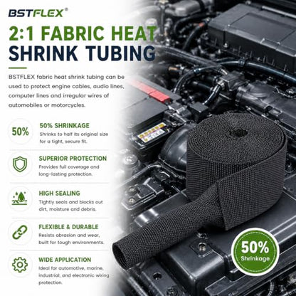 1" ID x 20FT 2:1 Heat Shrink Sleeve – Braided Heat Shrinkable Fabric Tubing, Abrasion Protection & Flexibility for Wiring Harness, Cable Sheath, Automotive Wires & Hoses - size: 25mm-1" I.D x 20FT